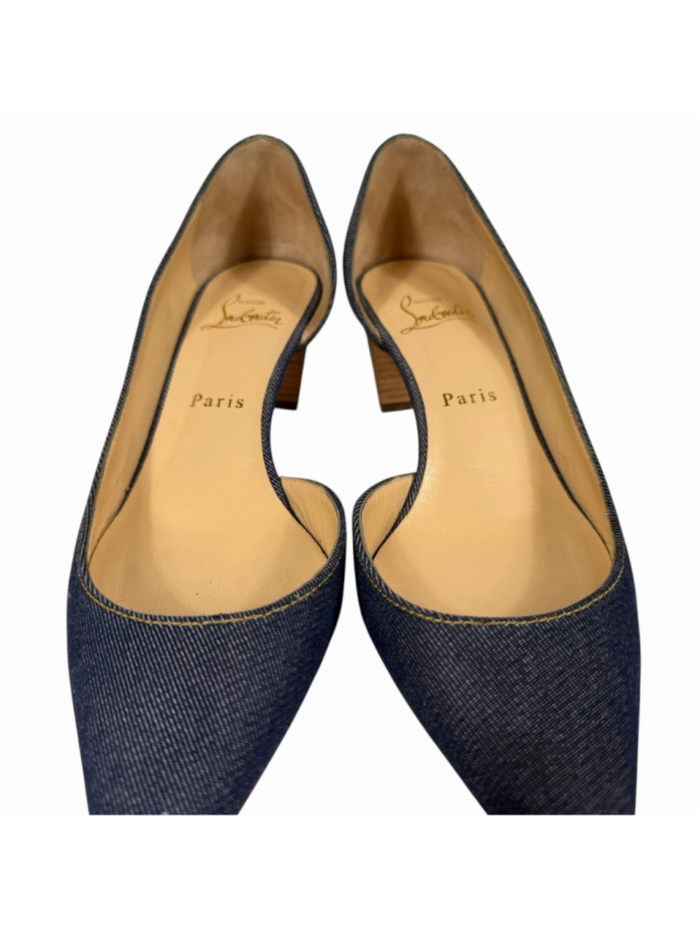Christian Louboutin Karera 45 Denim Pointed Toe D’Orsay Pumps Wood Heel EU 39 - Picture 9 of 16